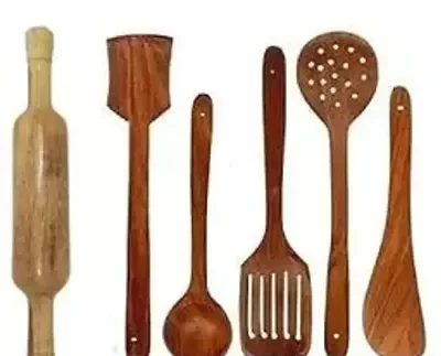 Useful Wooden Handmade Spoons And Spatulas For Cooking And Serving-5 Pieces with Wooden Belan- 6 Pieces
